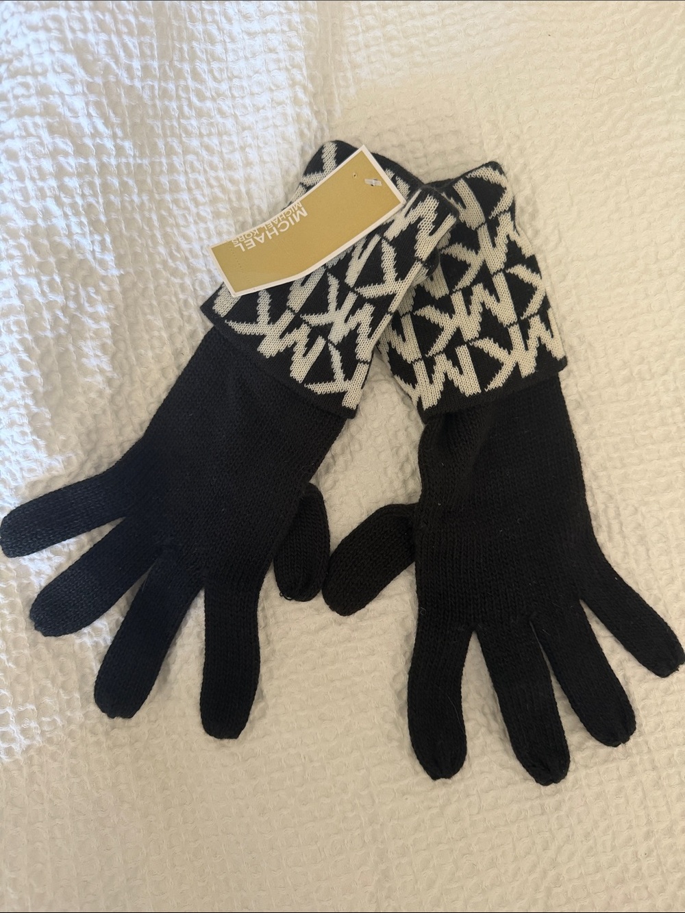 Michael Kors Black Knit Gloves with Logo Print Cuffs